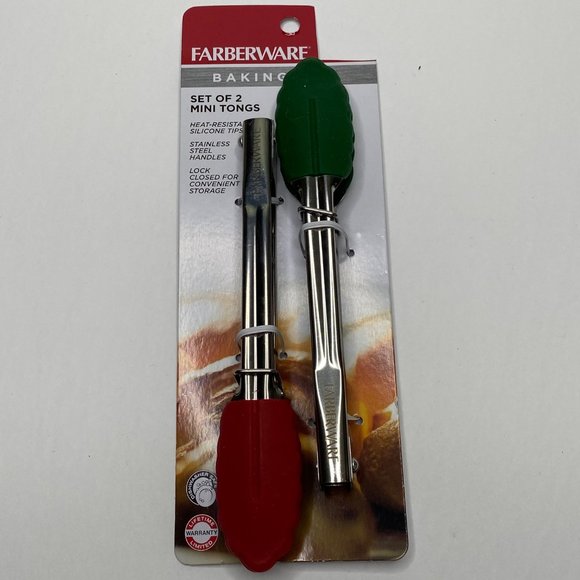 Farberware Baking Mini Tongs Red Green Silicone Tip Stainless Steel Locking - Picture 1 of 5